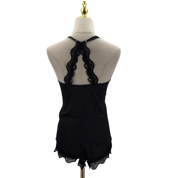 BEWICKED SZ L black satin lace trim cami 2 piece short sleep pajama set NWT 0B1 - Picture 3 of 11